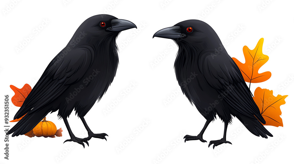 Fototapeta premium Two captivating black crows with orange leaves, perfect for autumn themes, nature artwork, and spooky illustrations. Isolated on transparent or white background.
