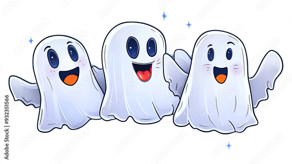 Three cheerful cartoon ghosts with smiling faces, perfect for Halloween decorations or fun children's illustrations. Isolated on transparent or white background. Three cheerful cartoon ghosts with smiling faces, perfect for Halloween decorations or fun children's illustrations. Isolated on transparent or white background.