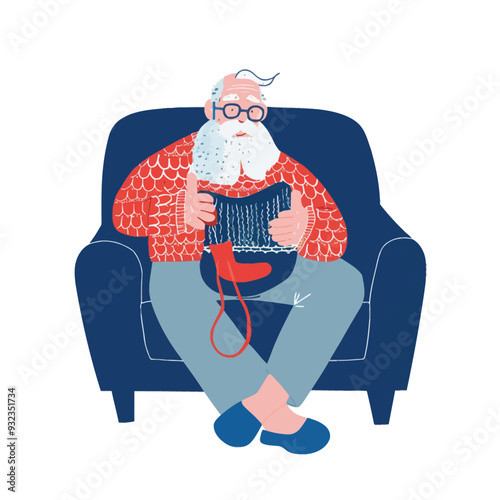 Flat illustration of a white bearded grandpa sitting