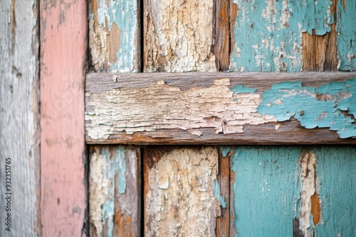 Chipped paint exposes layers of history on an old wooden door, highlighting its unique texture and the effects of time in a well-worn location