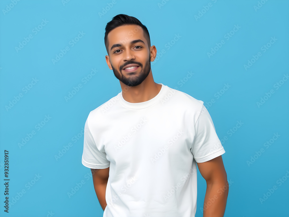 Man wearing bella canvas white tshirt mockup on blue background Generative AI Man wearing bella canvas white tshirt mockup on blue background Generative AI