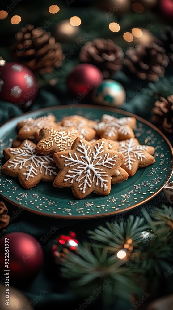 Gingerbread cookies on green plate with ornaments and green pine branches in the background. Warm tones create cozy holiday Christmas atmosphere. For holiday-themed content, baking articles Gingerbread cookies on green plate with ornaments and green pine branches in the background. Warm tones create cozy holiday Christmas atmosphere. For holiday-themed content, baking articles