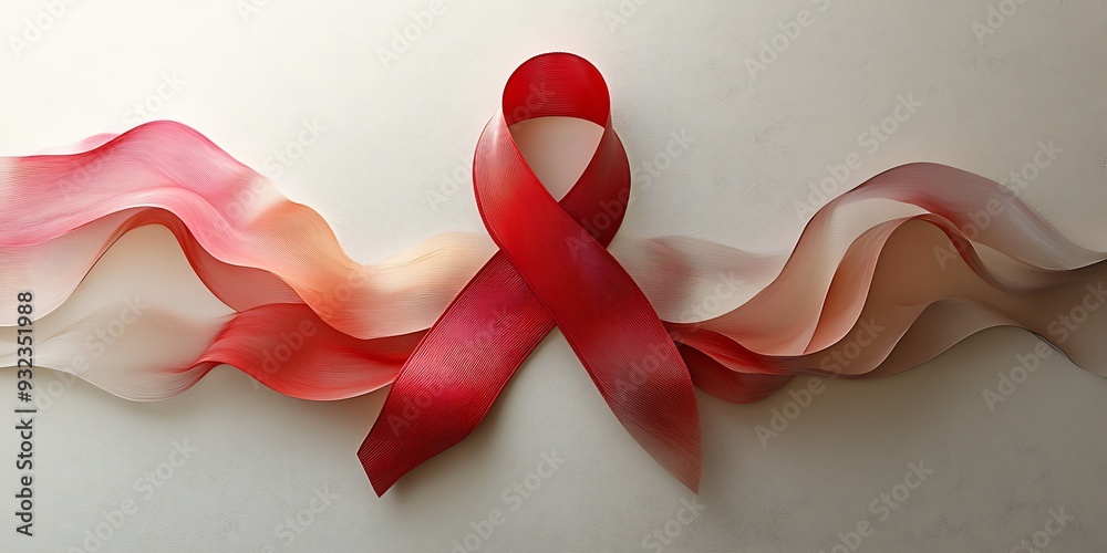 Fototapeta premium Red ribbon with a gradient effect on a white background, symbolizing the fight against AIDS.