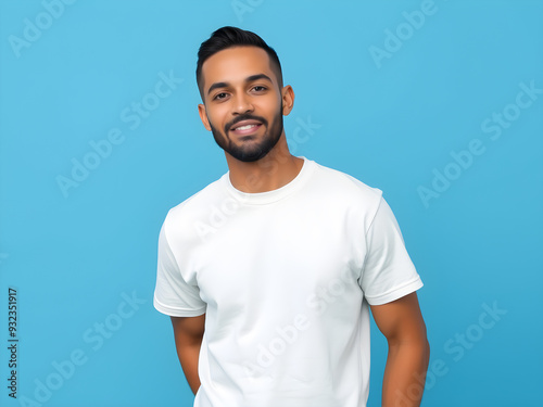 Man wearing bella canvas white tshirt mockup on blue background Generative AI