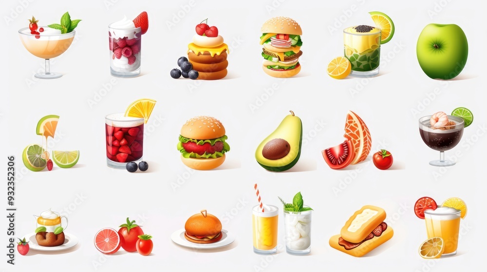 Fresh produce and beverages arranged neatly on a clean white surface Fresh produce and beverages arranged neatly on a clean white surface
