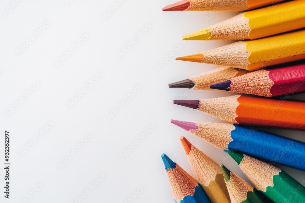 Obraz premium Colorful wooden pencils are neatly fanned out, showcasing their sharp tips and varied hues against a plain background