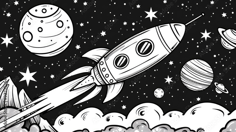 A rocket ship flying through space with planets and stars in the ...