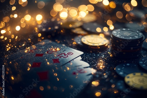 Poker cards, chips, and glimmering gold coins are arranged dramatically on a dark surface, creating an exciting atmosphere perfect for a casino setting