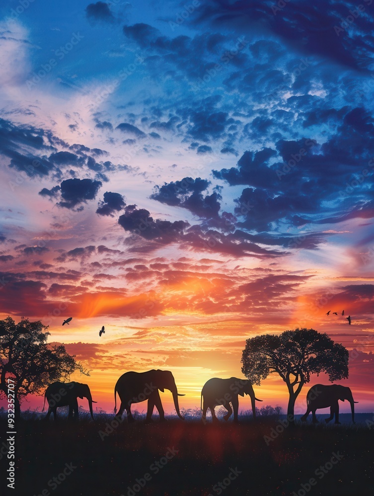 Elephants walk gracefully across the savannah as a colorful sunset paints the sky in shades of orange and blue. Generative AI Elephants walk gracefully across the savannah as a colorful sunset paints the sky in shades of orange and blue. Generative AI