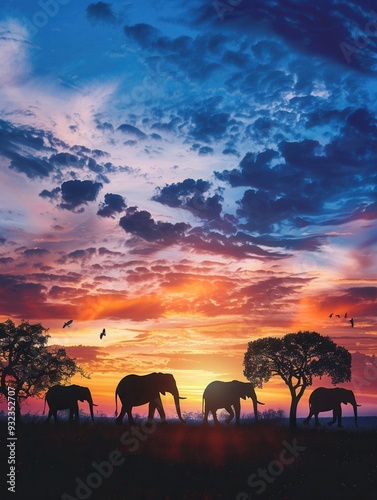 Elephants walk gracefully across the savannah as a colorful sunset paints the sky in shades of orange and blue. Generative AI