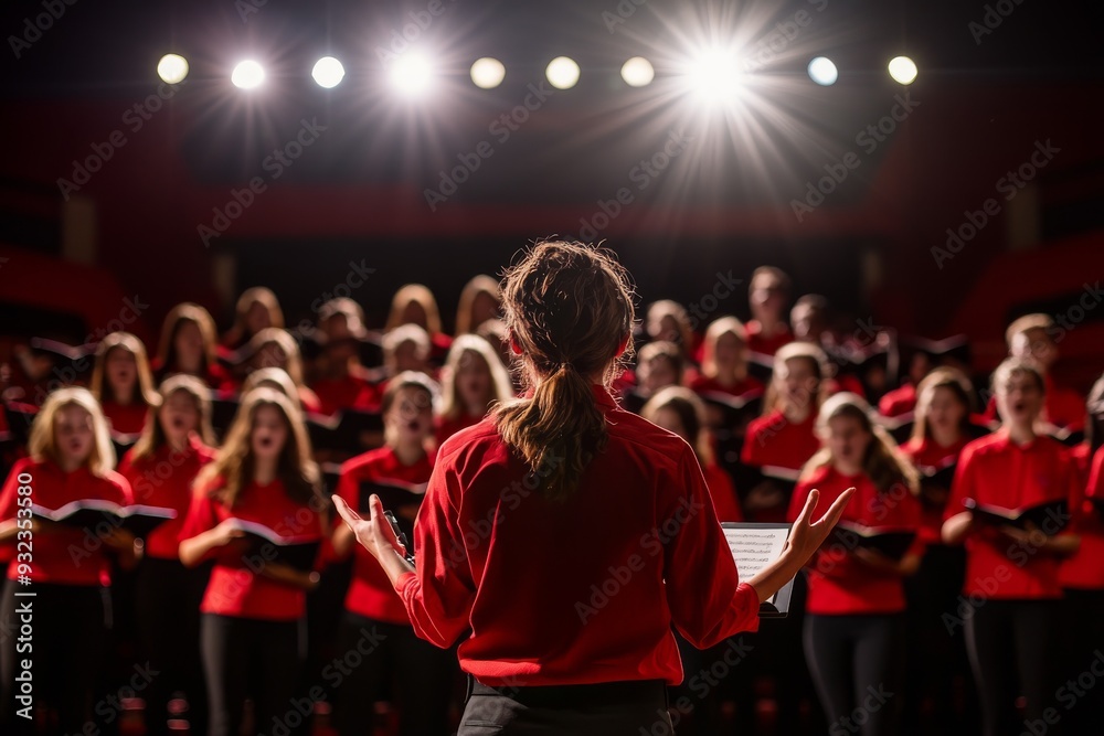 High school students enthusiastically perform in a choir, displaying energy and teamwork while showcasing their musical talents to an engaged audience High school students enthusiastically perform in a choir, displaying energy and teamwork while showcasing their musical talents to an engaged audience