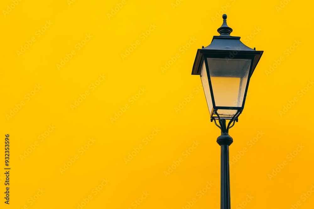 A classic street lamp post reaches towards the sky, contrasting beautifully with a vivid yellow backdrop in a lively urban area A classic street lamp post reaches towards the sky, contrasting beautifully with a vivid yellow backdrop in a lively urban area