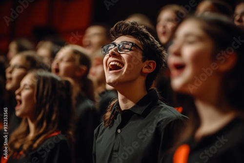 A group of enthusiastic high school students joyfully sings together, showcasing their talent and energy during a dynamic choir performance photo