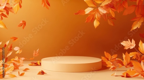 A warm autumn backdrop featuring a circular podium surrounded by falling orange and yellow leaves in a cozy indoor setting. Generative AI