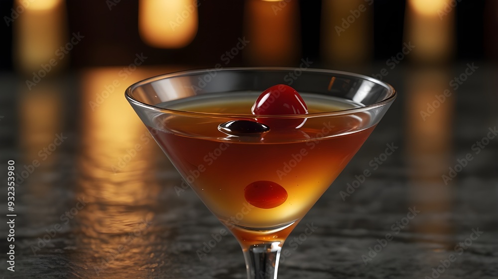 Prompt: A classic Manhattan cocktail served in a chilled martini glass, filled with a rich amber-colored liquid. The drink is garnished with a bright red maraschino cherry and a thin orange twist. The Prompt: A classic Manhattan cocktail served in a chilled martini glass, filled with a rich amber-colored liquid. The drink is garnished with a bright red maraschino cherry and a thin orange twist. The