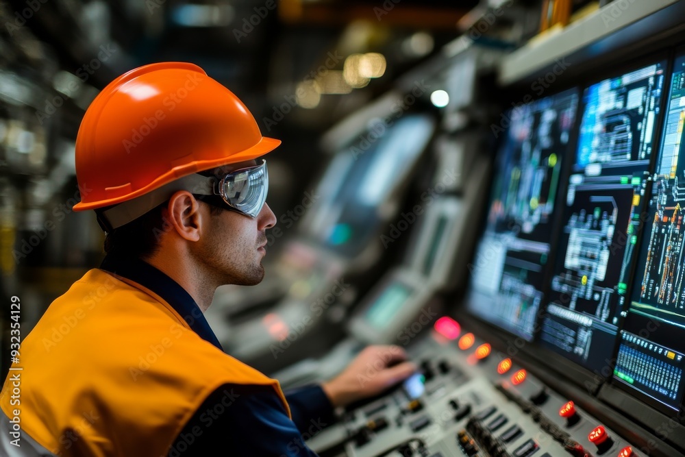 An engineer wearing an orange helmet is intently controlling complex machinery, showcasing concentration and expertise in a commercial environment An engineer wearing an orange helmet is intently controlling complex machinery, showcasing concentration and expertise in a commercial environment