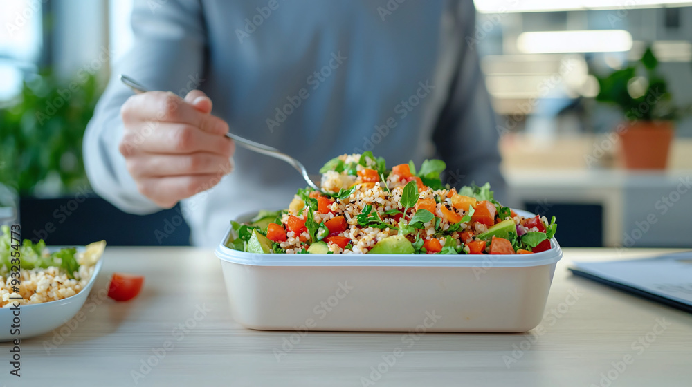 custom made wallpaper toronto digitala business professional savoring a meal from a Tupperware container in a modern office
