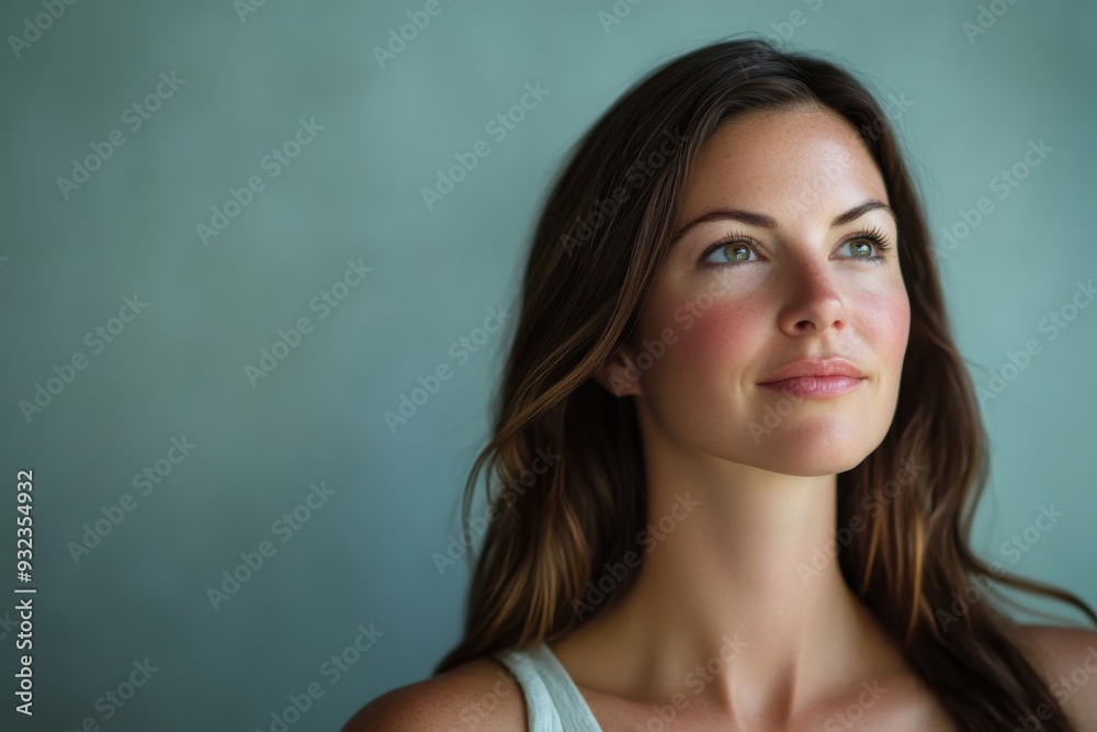 A woman gazes thoughtfully with a serene smile against a soft, neutral backdrop, capturing a moment of inner peace and relaxation A woman gazes thoughtfully with a serene smile against a soft, neutral backdrop, capturing a moment of inner peace and relaxation