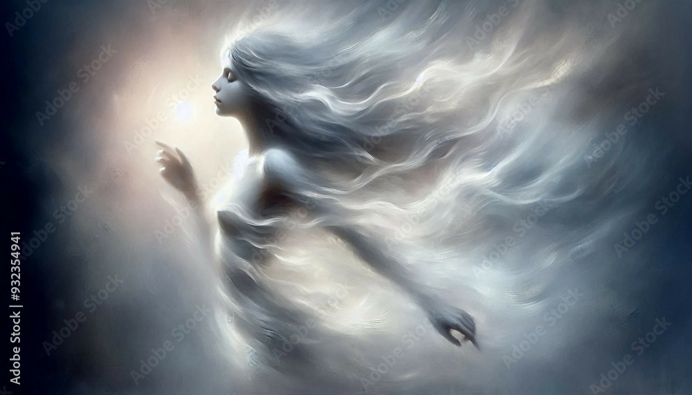 Fototapeta premium An ethereal figure with flowing hair and a dress of mist reaches out towards a radiant orb, symbolizing a celestial entity in a dreamlike tableau.