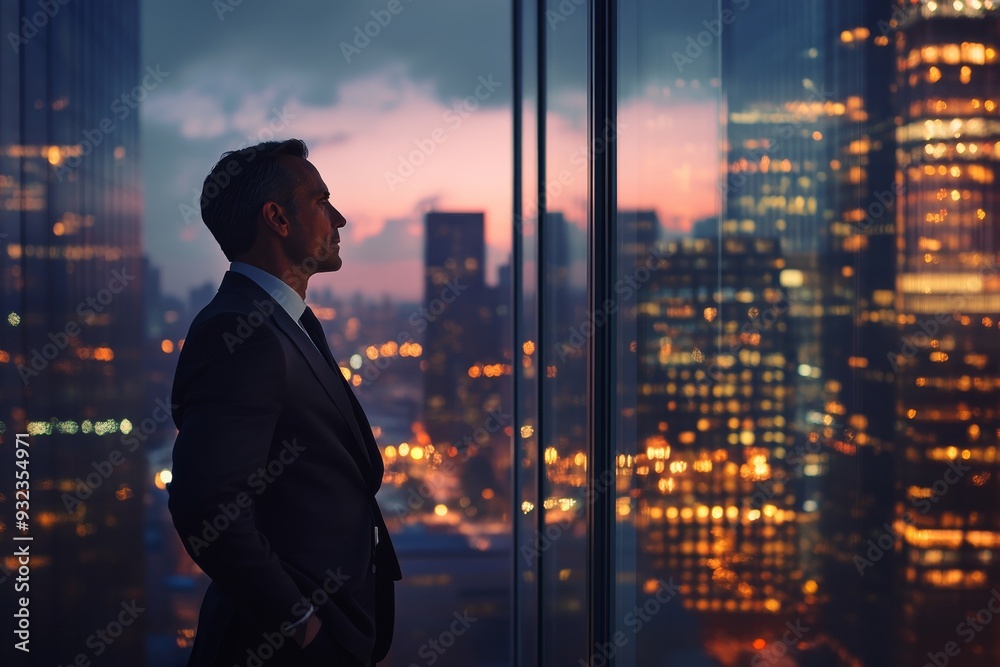 Fototapeta premium An executive stands in profile, observing the city lights glowing as dusk settles over the skyline from his high-rise office