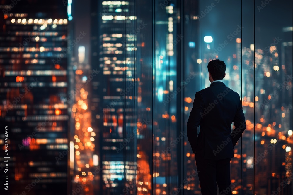 An executive stands thoughtfully, admiring the illuminated city skyline from a high-rise office, reflecting on opportunities as night falls over Kansas City An executive stands thoughtfully, admiring the illuminated city skyline from a high-rise office, reflecting on opportunities as night falls over Kansas City