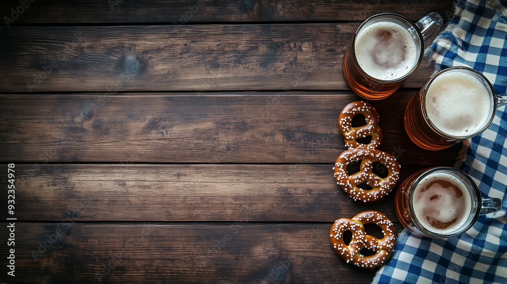 Three Beer Mugs with Pretzels on Rustic Wooden Table, Oktoberfest Celebration
