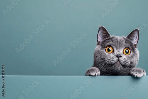 A gray British Shorthair cat peers inquisitively over a plain backdrop, highlighting its distinct fur pattern and expressive golden eyes photo