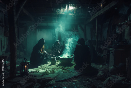 Witches making a potion inside a dimly lit cabin, brewing a bubbling green concoction for dark purposes photo