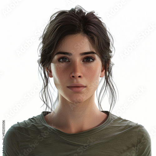 portrait woman brunette face headshot natural simple casual serious young adult expressionless white background isolated neutral expression looking at camera hair up 