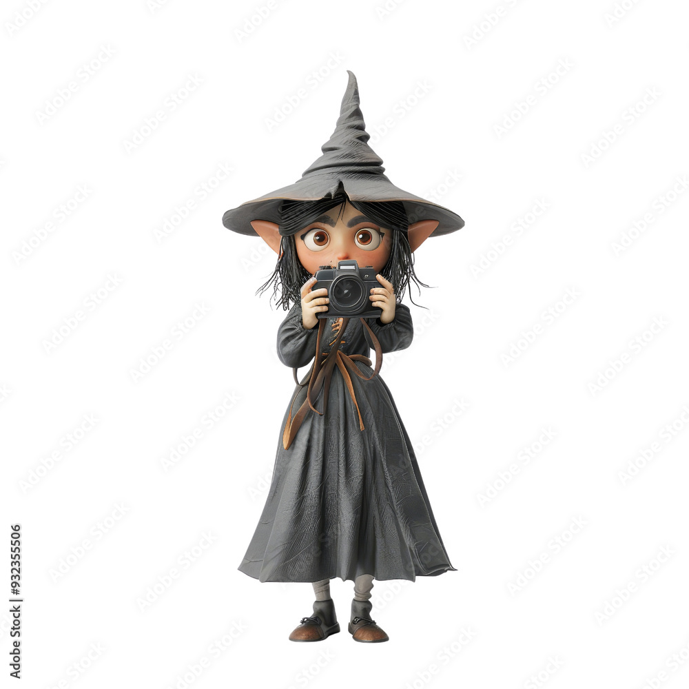 Animated witch character taking a photograph with a camera, wearing a pointy hat and gray robe. Perfect for Halloween-themed projects. Animated witch character taking a photograph with a camera, wearing a pointy hat and gray robe. Perfect for Halloween-themed projects.