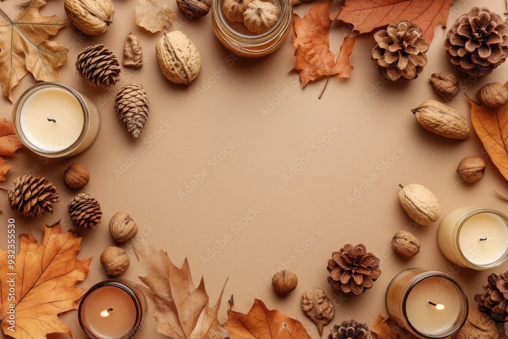 Autumn-themed items like candles, walnuts, and pine cones are artistically arranged on a flat surface, capturing the essence of the season's warmth Autumn-themed items like candles, walnuts, and pine cones are artistically arranged on a flat surface, capturing the essence of the season's warmth