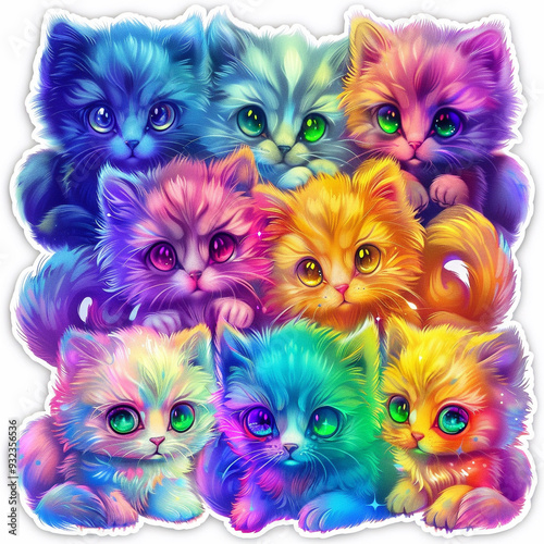 cats kittens colorful cute adorable fluffy blue pink yellow green rainbow bright vivid multicolored eyes fur playful sitting bunch group artwork illustration fantasy 