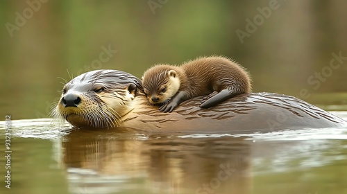 Mother Otter Carrying Her Baby Across the Water in a Serene Natural Setting photo