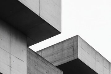 This composition highlights dramatic concrete facades with strong geometric lines, emphasizing the beauty of brutalist design in a stark urban setting