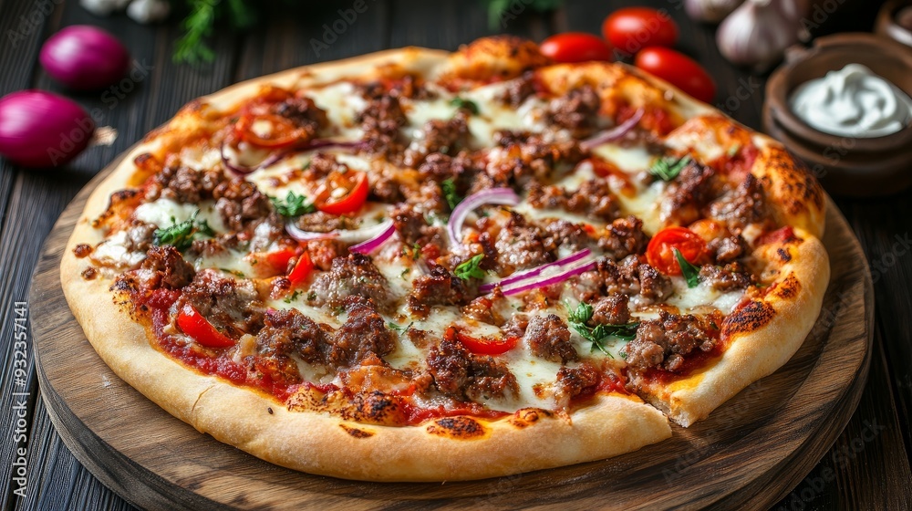 Pizza with chili sauce and baked meat Pizza with chili sauce and baked meat