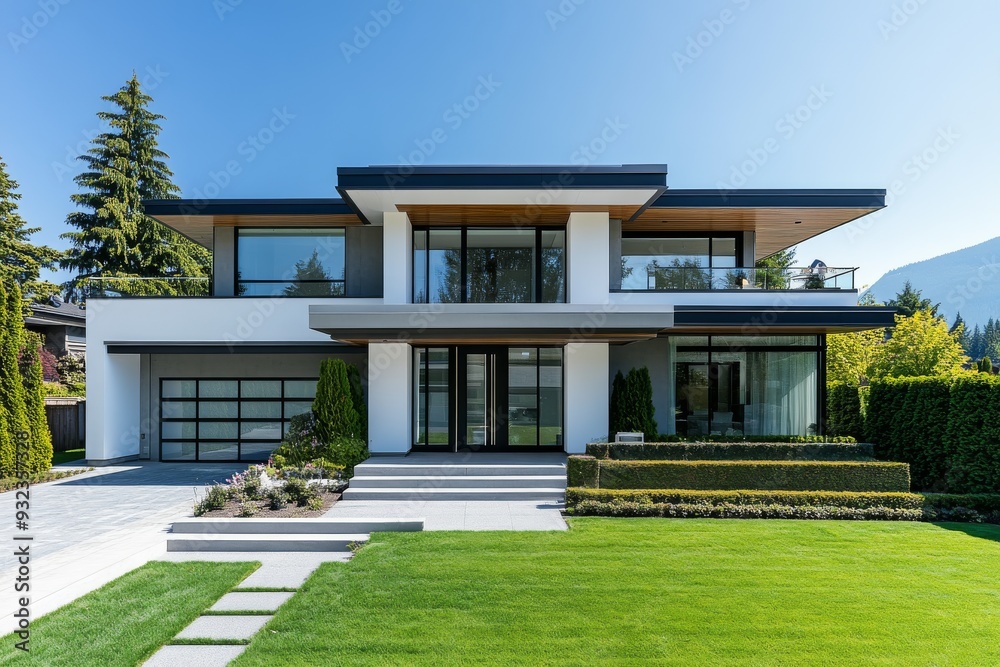 Fototapeta premium This contemporary two-story house features large windows, a sleek design, and a manicured lawn in North Vancouver, captured under bright daylight