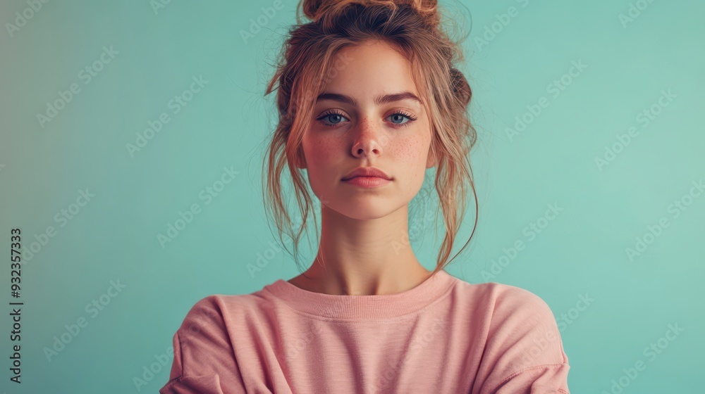 Natural portrait of a young woman against a pastel backdrop Natural portrait of a young woman against a pastel backdrop