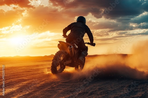 A motorcyclist navigates a rugged desert terrain at sunset, creating a cloud of dust as the sun sets behind dramatic clouds photo