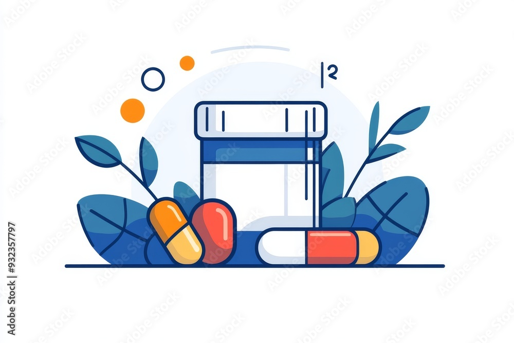 Charming and detailed illustration of pill bottles surrounded by capsules and leaves set against a soft background symbolizing care and organization in healthcare Charming and detailed illustration of pill bottles surrounded by capsules and leaves set against a soft background symbolizing care and organization in healthcare