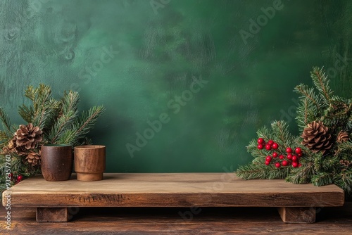 A rustic wooden stage showcases seasonal decorations with pinecones, berries, and greenery against a rich green background, perfect for festive displays