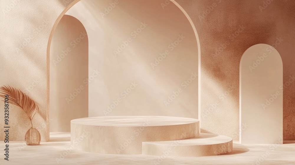 3D brown creamy podium with a modern minimal design in a studio setting Abstract geometric shape illustration for showcasing cosmetic and fashion products in natural tones 3D brown creamy podium with a modern minimal design in a studio setting Abstract geometric shape illustration for showcasing cosmetic and fashion products in natural tones
