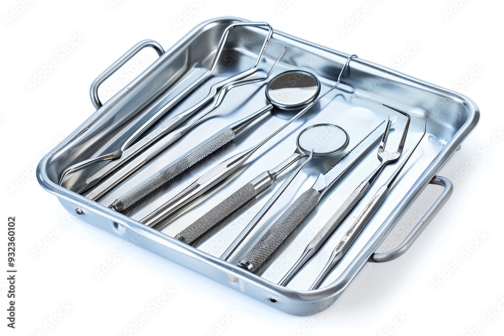 A collection of surgical tools arranged in a metal tray, ready for use A collection of surgical tools arranged in a metal tray, ready for use