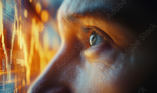 A man's eye is looking at a screen with a lot of numbers and lines. The eye is focused on the screen, and the man is deep in thought. Concept of concentration and contemplation photo