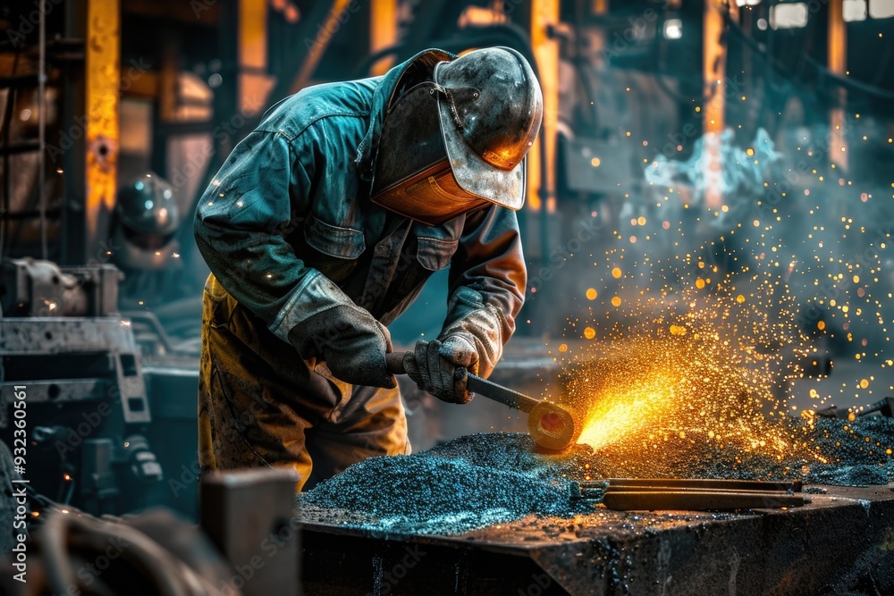 A man working in a factory with sparks and light emanating from machinery, ideal for illustrations about industry, manufacturing, or labor A man working in a factory with sparks and light emanating from machinery, ideal for illustrations about industry, manufacturing, or labor