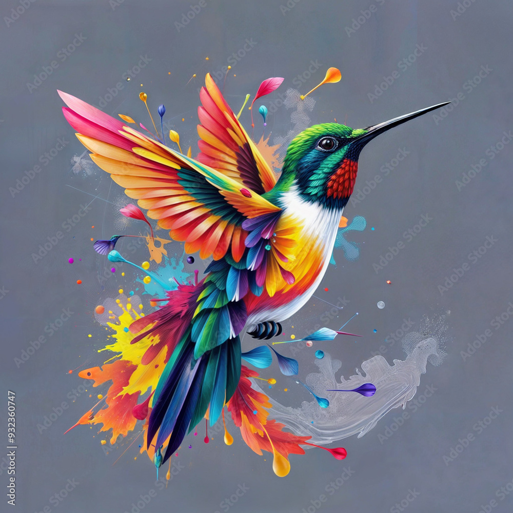 Obraz premium Fantasy world. Illustration of paradise hummingbird bird isolated on a gray background. Abstract drawing. Colorful bird. PNG version.