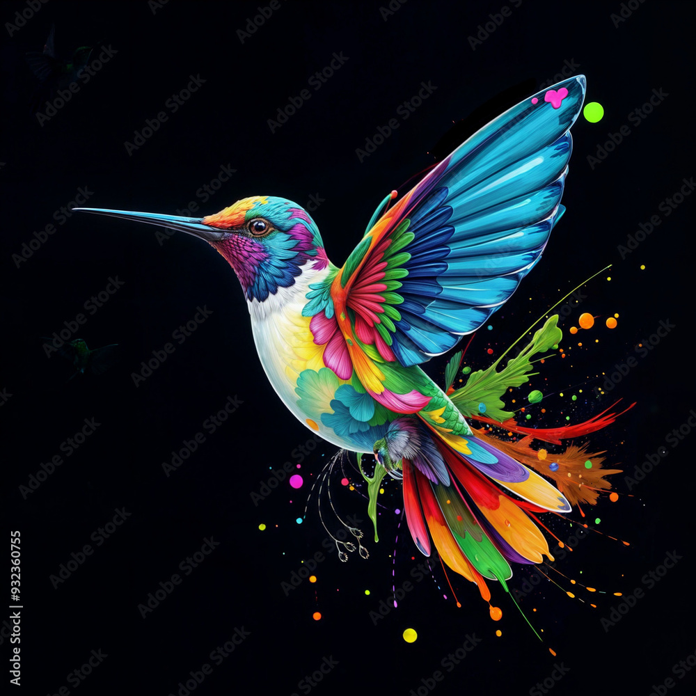 Obraz premium Fantasy world. Illustration of paradise hummingbird bird isolated on a black background. Abstract drawing. Colorful bird. PNG version.