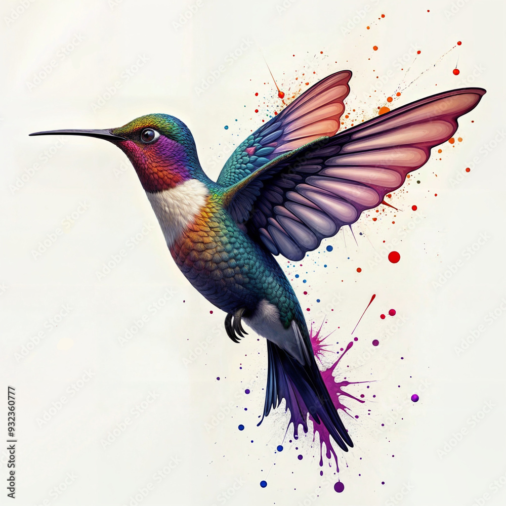 Obraz premium Fantasy world. Illustration of paradise hummingbird bird isolated on a white background. Abstract drawing. Colorful bird. PNG version.