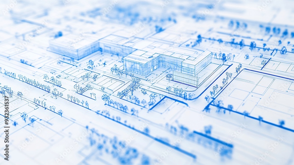 Detailed architectural blueprint for commercial development focusing on site layout building design and zoning regulations with clear organized annotations Detailed architectural blueprint for commercial development focusing on site layout building design and zoning regulations with clear organized annotations