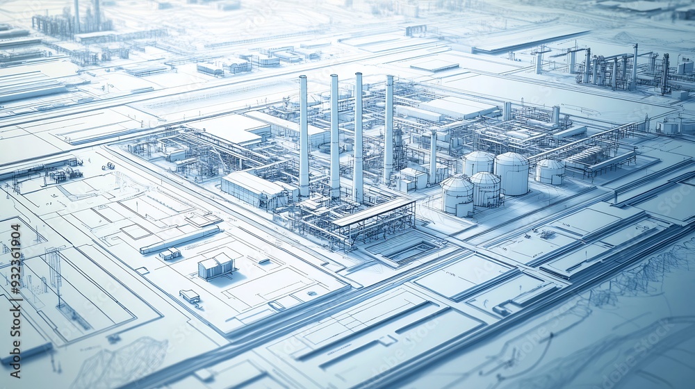 Detailed architectural blueprint for industrial development focusing on site layout infrastructure and environmental impact with precise organized annotations Detailed architectural blueprint for industrial development focusing on site layout infrastructure and environmental impact with precise organized annotations
