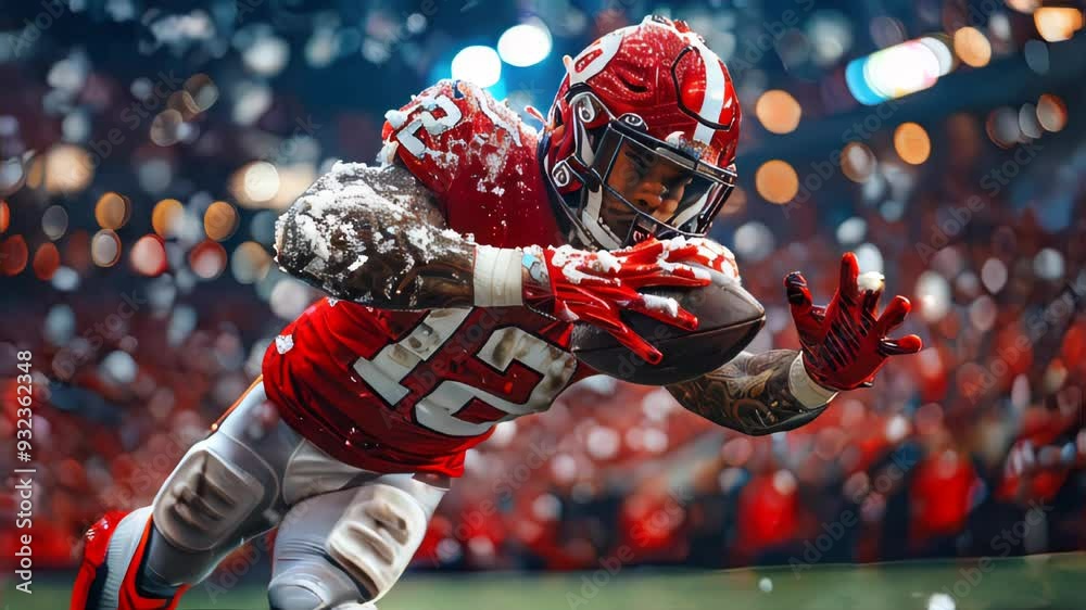 Football player in red jersey making a diving catch in a stadium. Dynamic and action-packed scene. Concept of sports, athleticism, and competition Football player in red jersey making a diving catch in a stadium. Dynamic and action-packed scene. Concept of sports, athleticism, and competition